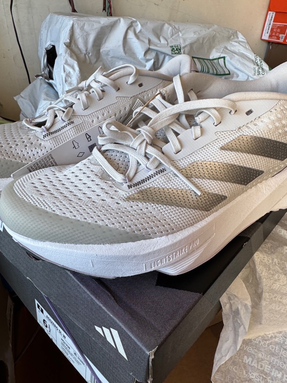 adidas White and Silver Lightstrike Running Shoes